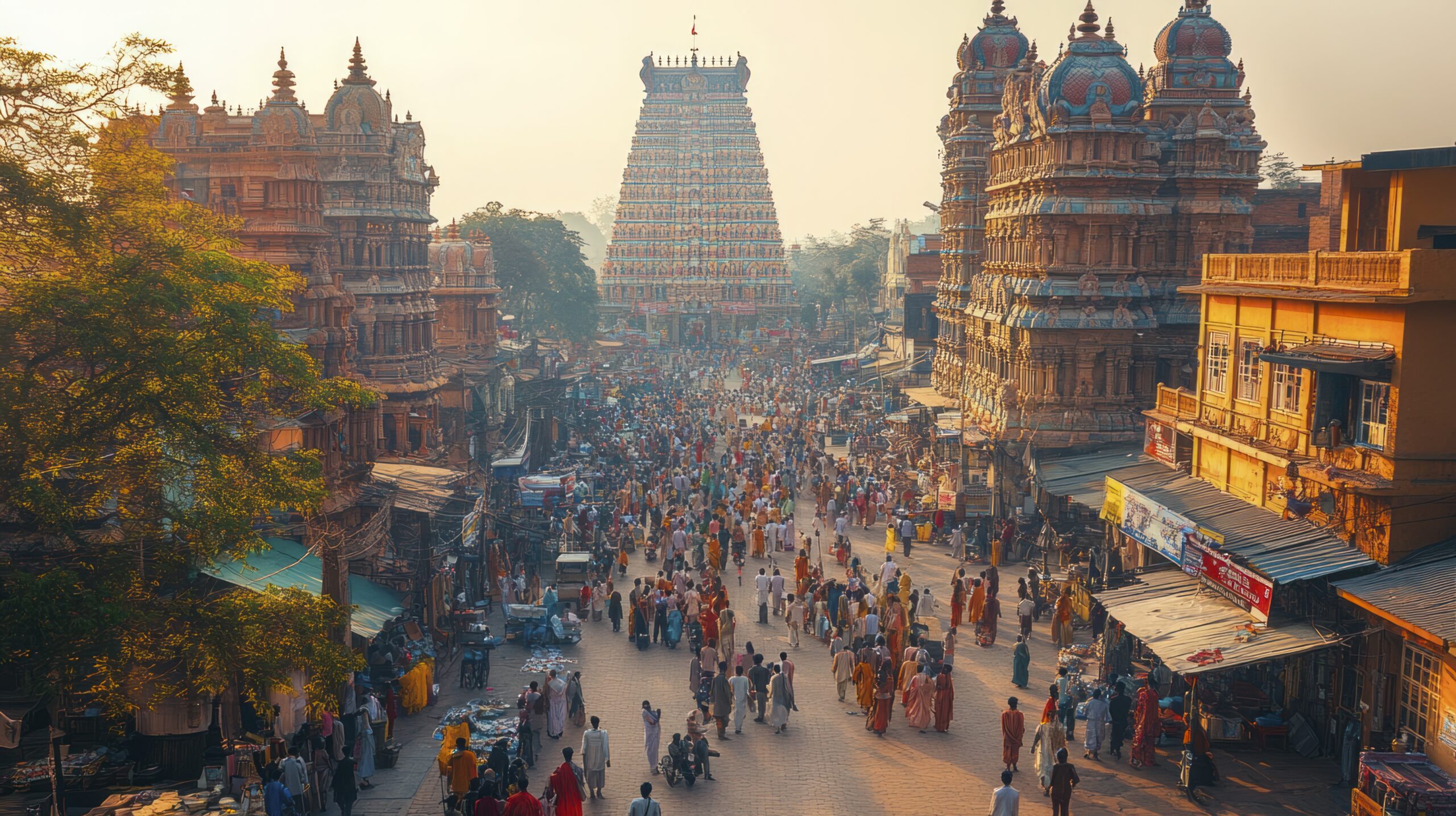 Wide shot, crowded temple complex in Madurai with people participating in religious ceremonies, clear afternoon sky. Commercial photography, realistic. --chaos 10 --ar 16:9 --stylize 420 --v 6.1 Job ID: dd30d4a8-876c-4240-8be8-e12721107de0